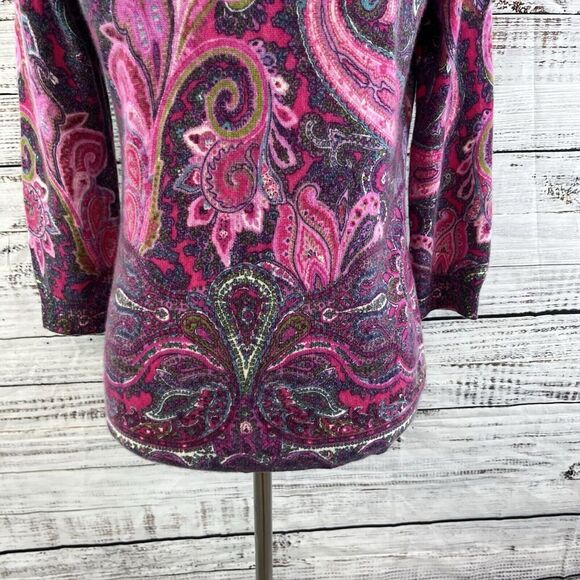 Talbots Pure Cashmere Pullover Sweater size Medium Petite Purple Pink Paisley - Picture 6 of 9